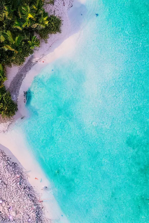 Prompt: Drone Photo of a Beach, turquoise water, calm, volumetric lighting, summer, Cinematic, award winning, photo print.