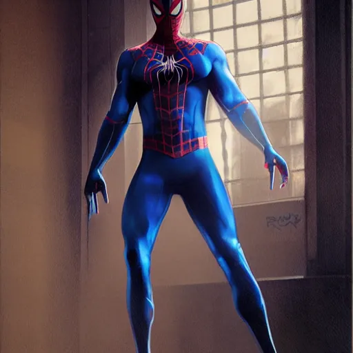 Image similar to ryan reynolds as a black and blue suit spider - man, cinematic, volumetric lighting, f 8 aperture, cinematic eastman 5 3 8 4 film, photorealistic by greg rutkowski, by stanley artgerm, by alphonse mucha