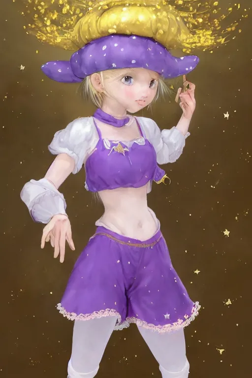 Image similar to Full View fairy maiden with short blond hair wearing an oversized purple Beret, Baggy Purple overall shorts, Short Puffy pants made of silk, silk shoes, a big billowy scarf, Golden Ribbon, and white leggings Covered in stars. covered in embroidery. Short Hair. peasant magic. masterpiece 4k digital illustration by Ruan Jia and Mandy Jurgens and Artgerm and william-adolphe bouguereau, award winning, Artstation, art nouveau aesthetic, Alphonse Mucha background, intricate details, realistic, panoramic view, Hyperdetailed, 8k resolution, intricate art nouveau