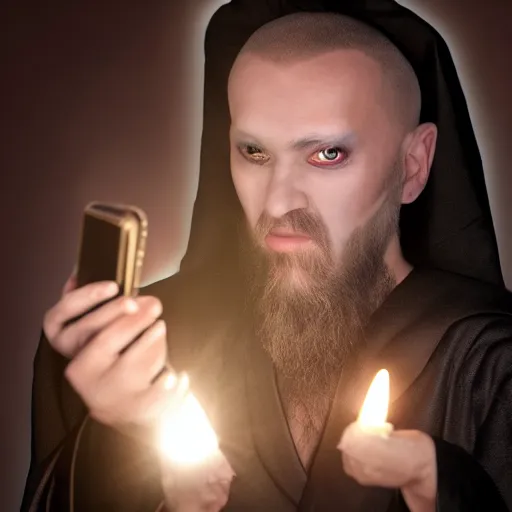 Prompt: an evil sorceror with dark smokey robes taking an ironic selfie