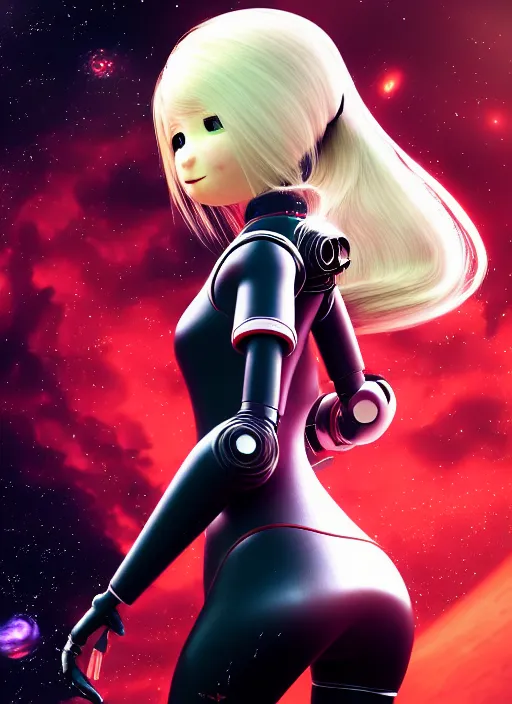 Prompt: highly detailed portrait of a hopeful pretty astronaut lady with a wavy blonde hair and black spacesuit, by pixar, 4k resolution, Nier:automata inspired, vibrant but dreary but upflifting red, black and white color scheme!!! ((Space nebula background))