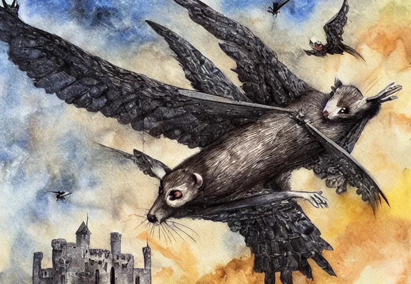 Image similar to epic winged possum flying over a medieval castle under a dark starred sky, dark fantasy, watercolor, dreaming illusion, highly detailed, 4k, trending on Artstation, award-winning