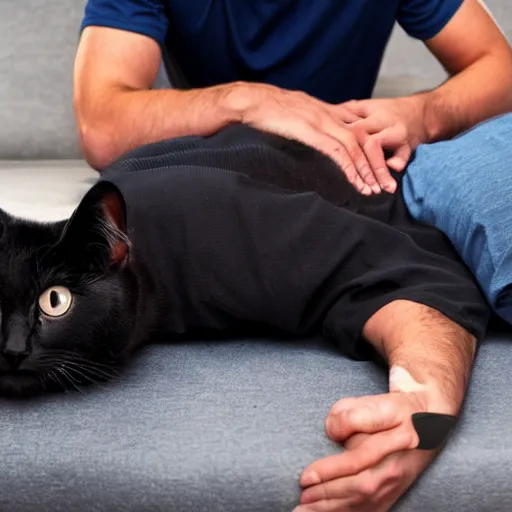 Image similar to man laying face down on a couch, the man is wearing black shirt and blue shorts, a black and white cat is climbing on him