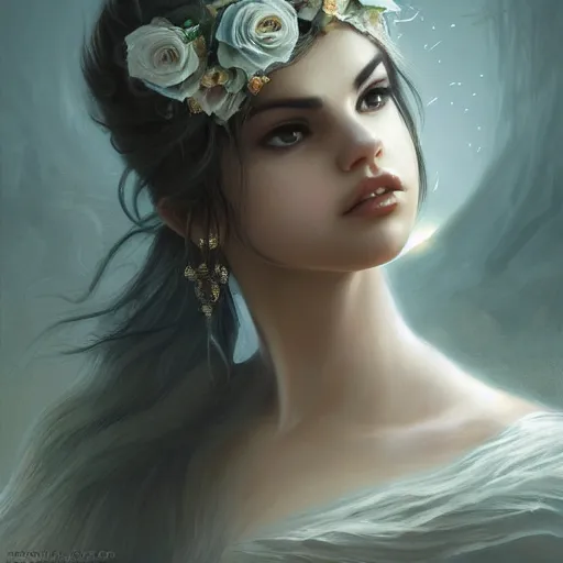 Image similar to portrait selena gomez, white horse, roses, dreamy, fantasy, pain, intricate, elegant, highly detailed, digital painting, artstation, concept art, matte, sharp focus, illustration, octane render, unreal engine, art by aenaluck and roberto ferri and greg rutkowski, epic fantasy, digital painting