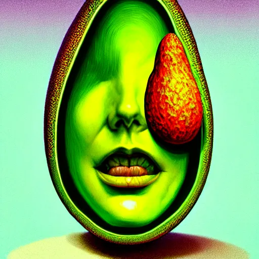 Image similar to An extremely psychedelic portrait of an avocado, surreal, LSD, face, detailed, intricate, elegant, lithe, highly detailed, digital painting, artstation, concept art, smooth, sharp focus, illustration