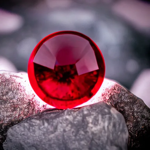 Prompt: a deep red, glowing crystal on a rock, 8 mm film footage