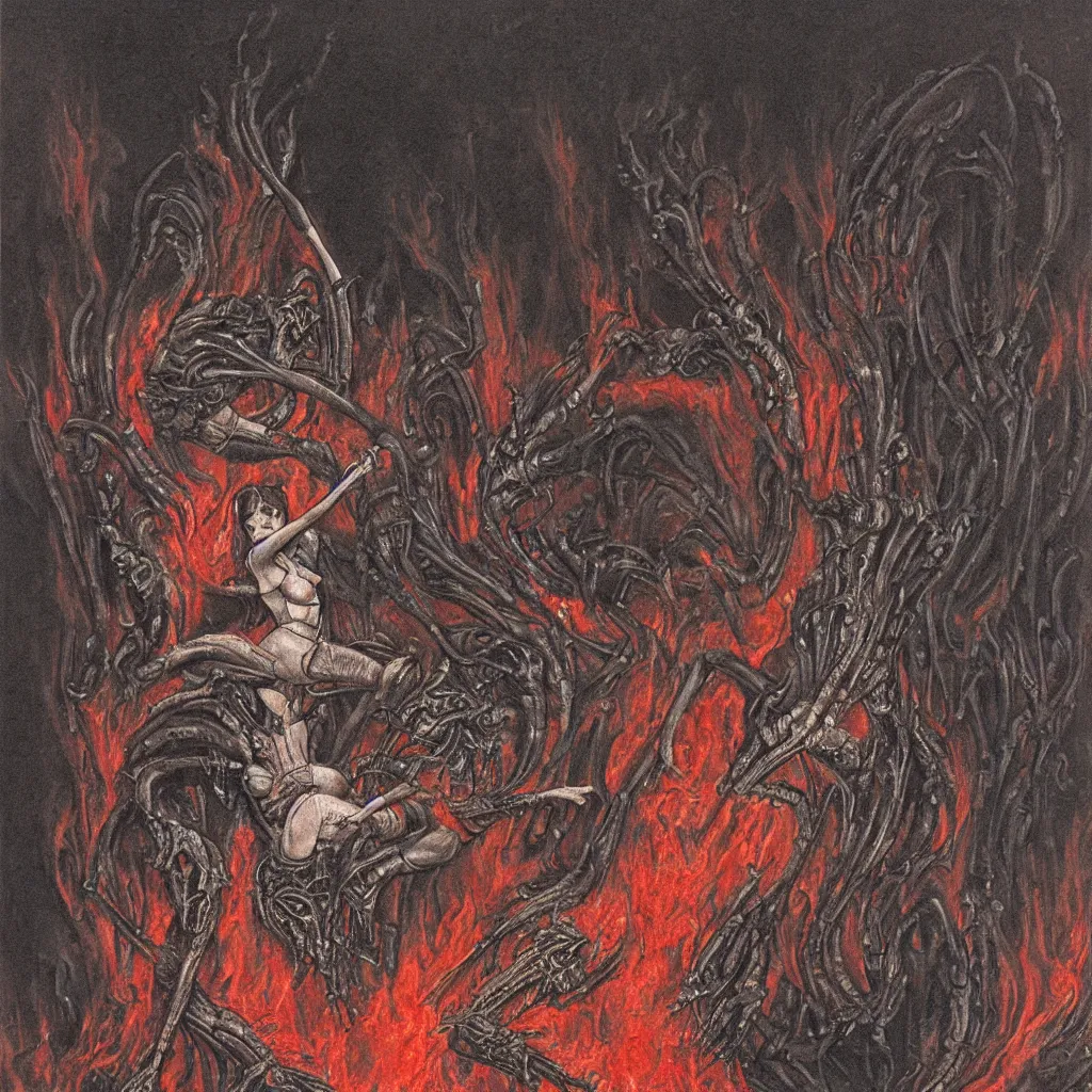 Image similar to a detailed demon ballerina leaving a trail of smoke in a pool of lava by h. r. giger