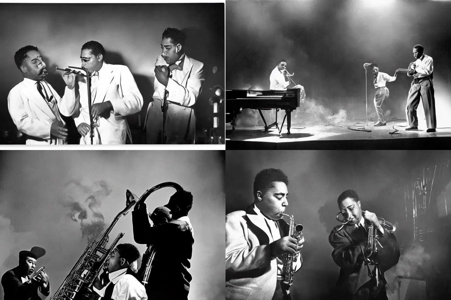 Prompt: Charlie Parker and Dizzy Gillespie on stage playing bebop in a jHarlem nightclub in 1949, smoky atmospheric photograph by Herman Leonard