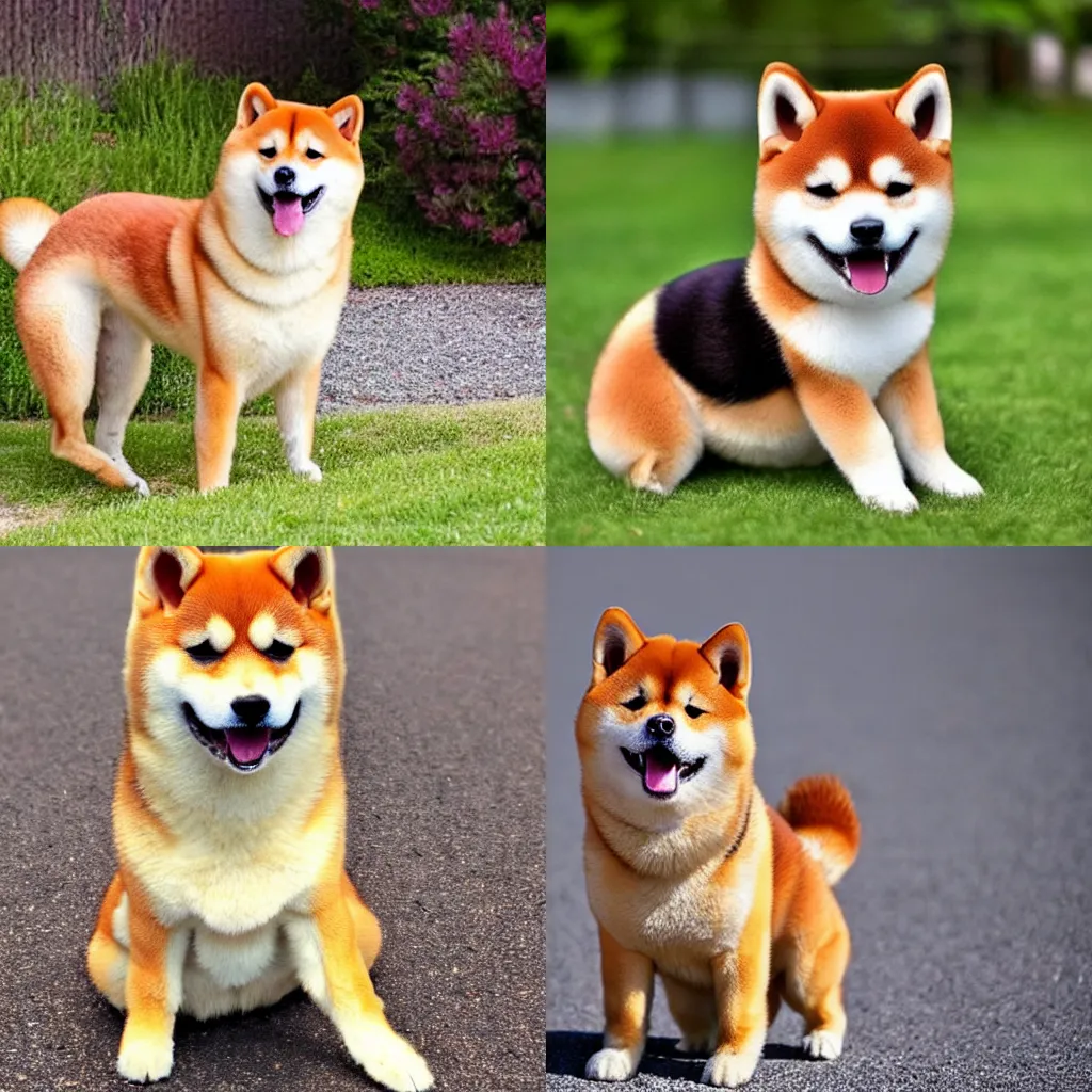 Prompt: a fuzzy, happy shiba inu, japanese dog, medium breed, friendly, extra energetic, silly dog, funny face, cute