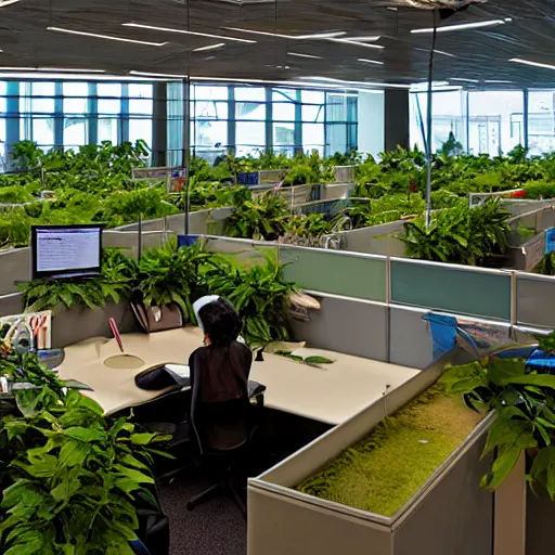 Image similar to a jungle filled with cubicle office workers, twilight,