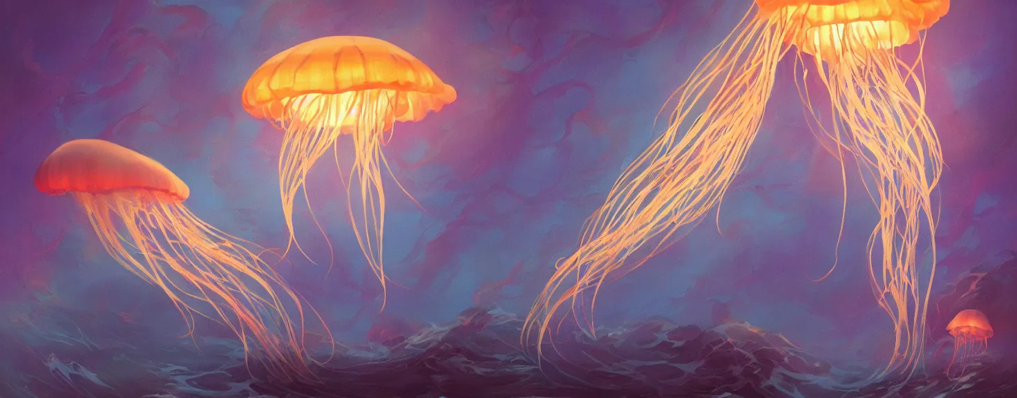 Prompt: Jellyfish swims in the dark, trending on artstation, 30mm, by Noah Bradley