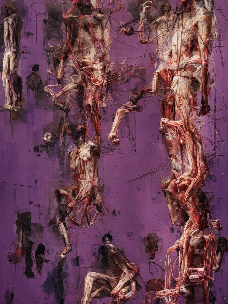 Image similar to a beautiful glitched painting by robert proch of people looking at an anatomy study of the human nervous system in a museum gallery, color bleeding, pixel sorting, copper oxide and rust materials, brushstrokes by jeremy mann, cold top lighting, textured palette knife pastel purple background