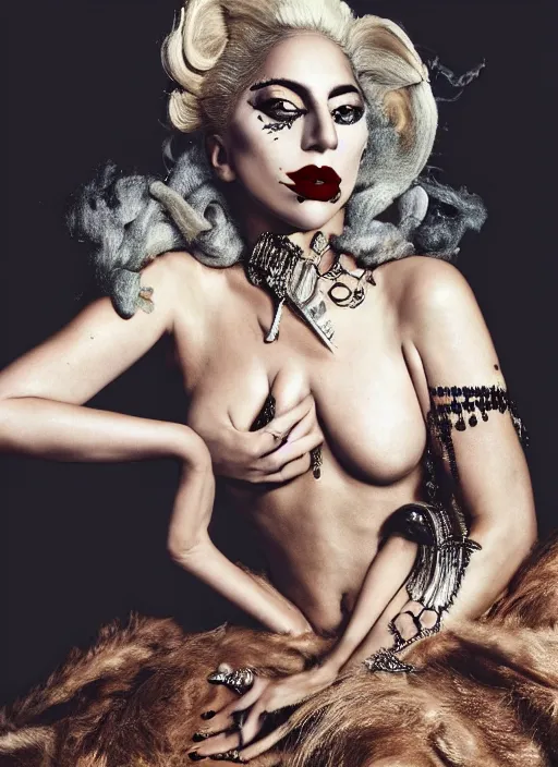 Image similar to lady gaga in an ancient themed photoshoot, nick knight, annie leibovitz, posing, style, vogue magazine, highly realistic. high resolution. highly detailed. dramatic. 8 k. 4 k.