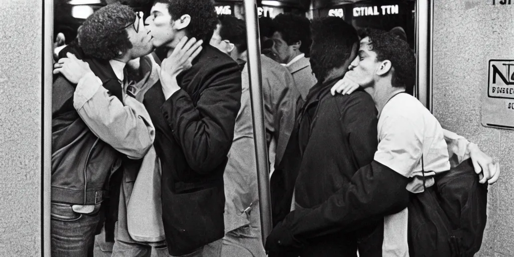 Image similar to two men kissing in the entrance to a subway stop in manhattan at the time of the stonewall riots. new york city, usa. 1 9 6 9 - 1 9 7 0. ernest cole photography