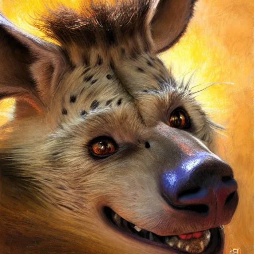 Image similar to a cinematic shot of a female hyena hyenawoman canine in wizard robes. zootopia fursona furaffinity furry art detailed face painting by gaston bussiere craig mullins jc leyendecker gustav klimt artgerm greg rutkowski furry