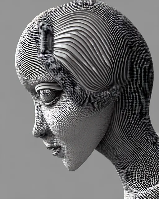 Image similar to mythical black and white organic bio-mechanical spinal ribbed profile face portrait detail of silver mechanical beautiful female angelic-vegetal-cyborg, highly detailed, intricate steampunk ornate, poetic, 3D render, digital art, octane render, 8K artistic photography, photo-realistic, by Dora Maar