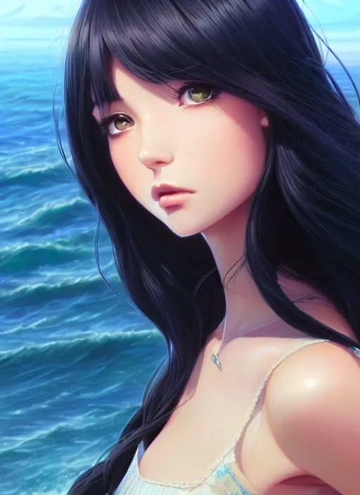 Image similar to a beautiful girl with long black hair in, island background, intricate, highly detailed, digital painting, artstation, official media, anime key visual, concept art, rich vivid colors, ambient lighting, sharp focus, illustration, art by Artgerm, Makoto Shinkai, Ilya Kuvshinov, Lois Van Baarle, and Rossdraws