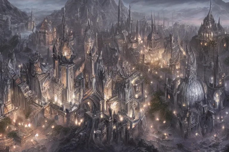 Image similar to silver elven city, highly detailed, d & d, fantasy, highly detailed, digital painting, trending on artstation, concept art, sharp focus, illustration