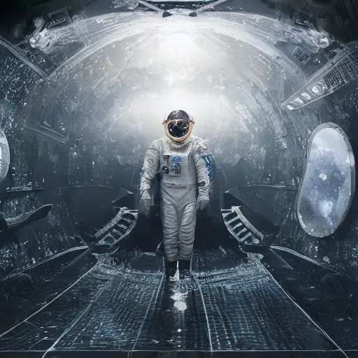 Image similar to concept art by craig mullins astronaut in futuristic dark and empty spaceship underwater. infrared complex and hyperdetailed technical suit. mandelbulb fractal. reflection and dispersion materials. rays and dispersion of light. volumetric light. 5 0 mm, f / 3 2. noise film photo. flash photography. unreal engine 4. glow lights. interstellar movie art