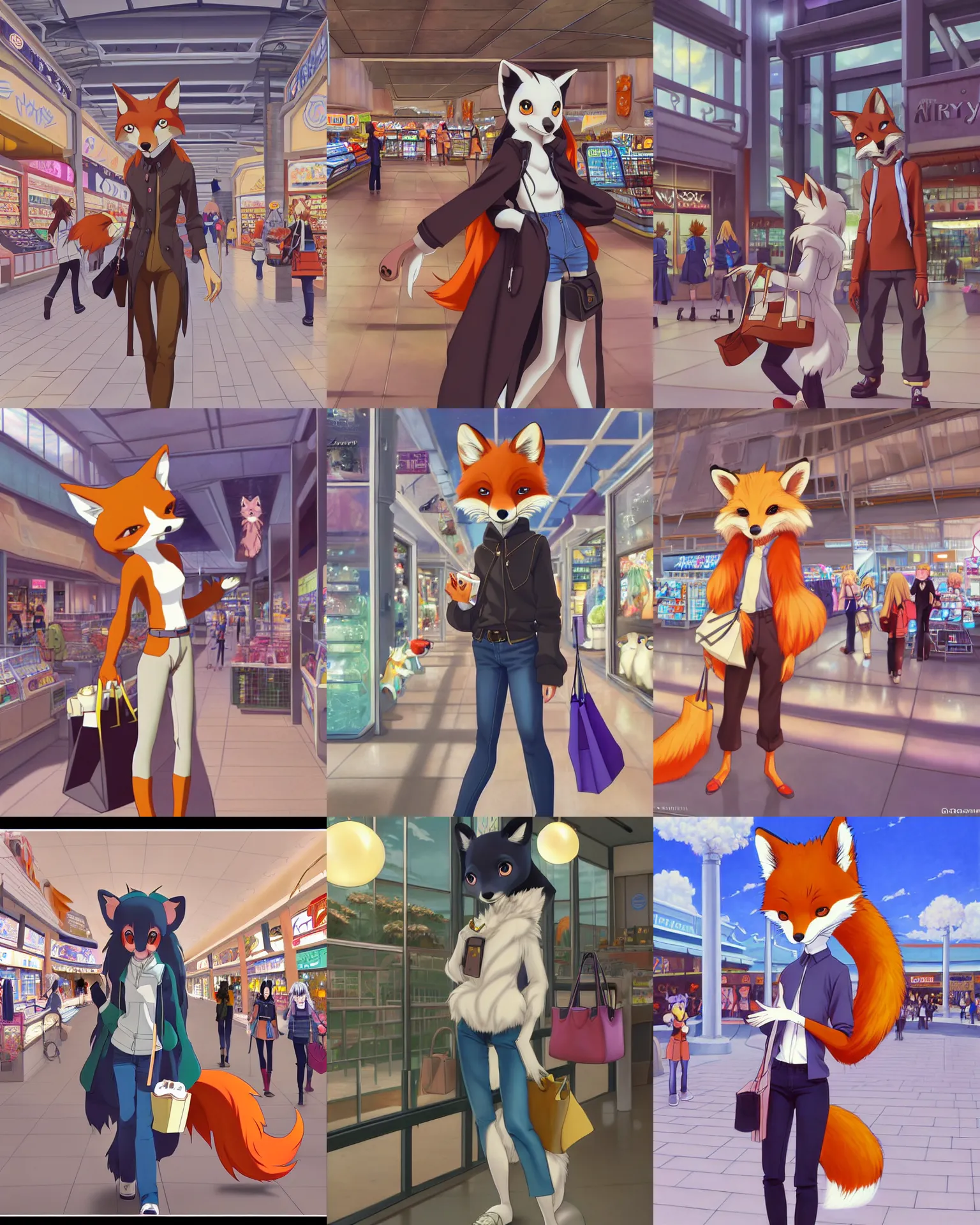 Image similar to anthro art commission of a cute stylish anthropomorphic natural furry fox person shopping at a futuristic mall, photorealistic, detailed key anime art, makoto shinkai, james gurney, don bluth!!, disney!!, hibbary!!, dark natasha, goldenwolf, furaffinity, fursona, greg rutkowski