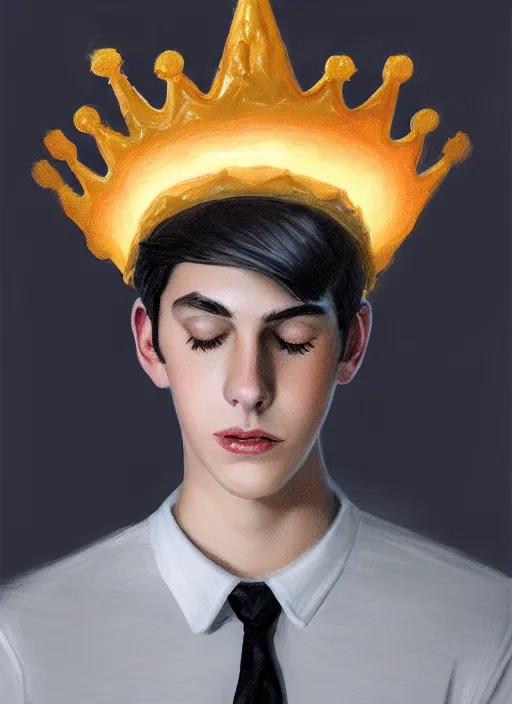 Image similar to portrait of teenage jughead jones wearing a light grey crown, crown, eating hamburger, eyes closed, crown, black hair, intricate, elegant, glowing lights, warm lighting, highly detailed, digital painting, artstation, concept art, smooth, sharp focus, illustration, art by wlop, mars ravelo and greg rutkowski