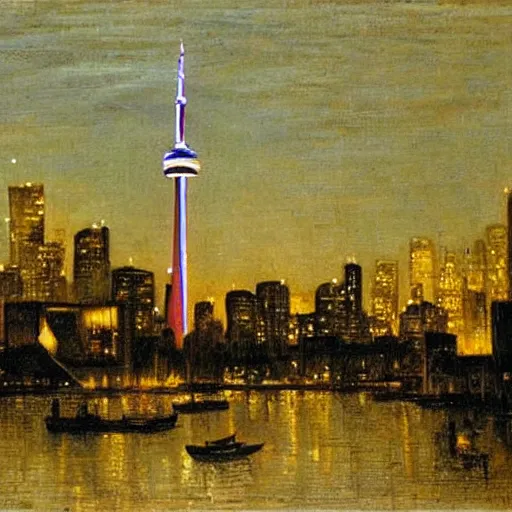 Image similar to toronto at night, painting by diego velazquez, very detailed