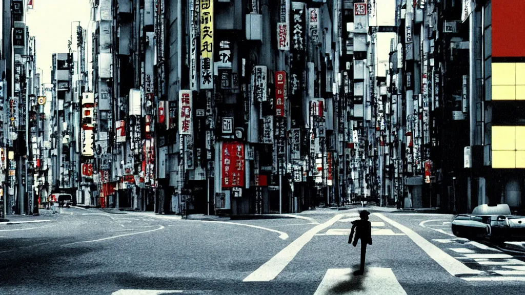 Image similar to a strange creature floating alone on an empty street in downtown Tokyo with a gun, film still from the an anime directed by Katsuhiro Otomo with art direction by Salvador Dalí, wide lens