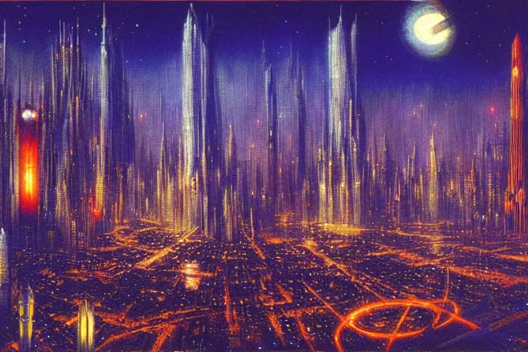 Image similar to a scifi illustration, Night City on Coruscant by edward robert hughes