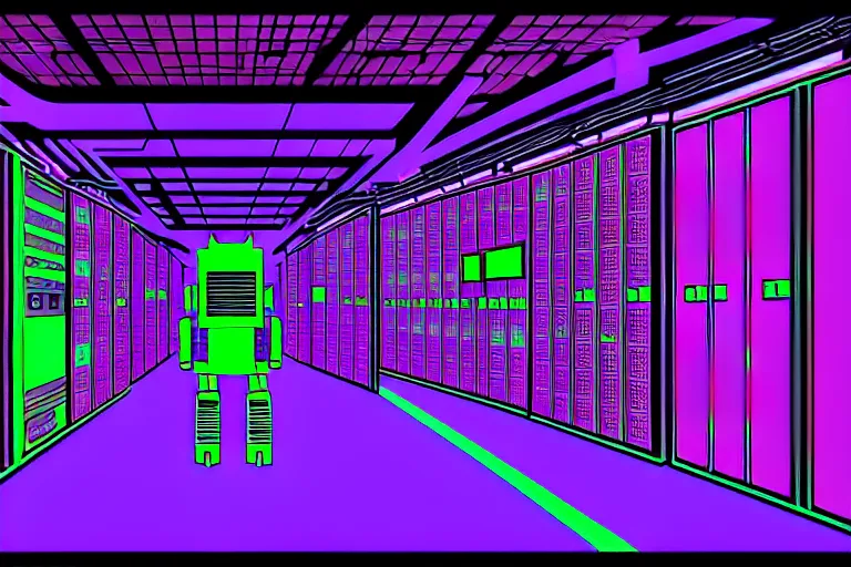 Prompt: realistic robot in a data server room, neon and dark, purple and blue color scheme, by dan mumford and malevich, katsuya terada