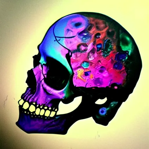 Image similar to human skull, trippy, glitch, paint dripping, miyazaki