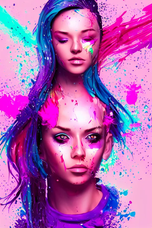 Image similar to a award winning half body porttrait of a beautiful woman in a croptop and cargo pants with ombre purple pink teal hairstyle with head in motion and hair flying, paint splashes, splatter, outrun, vaporware, shaded flat illustration, digital art, trending on artstation, highly detailed, fine detail, intricate