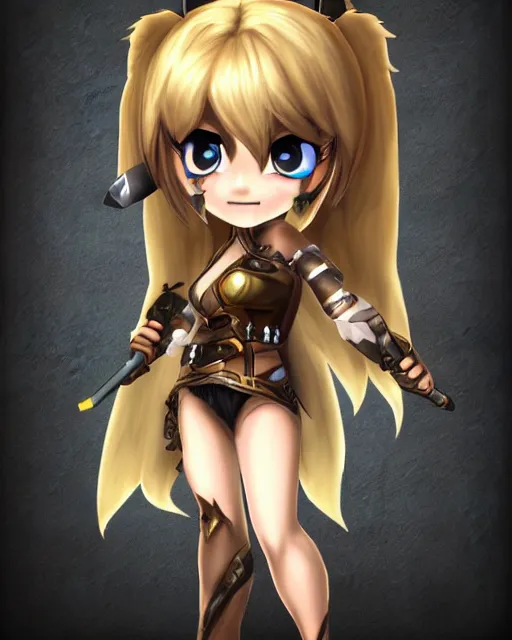 Prompt: female warrior mini cute style, highly detailed, rendered, ray - tracing, cgi animated, 3 d demo reel avatar, style of maple story, maple story gun girl, katelynn from league of legends chibi, perfect eyes, realistic human eyes