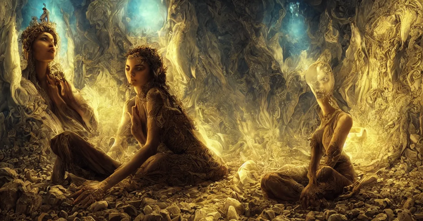 Prompt: imagination of human souls sitting in cinema and watching the bright warm light of consciousness, which projecting their lives on the big wide screen, realistic, deep sense of spirituality, contrast shading, unreal engine, vray, style of karol bak