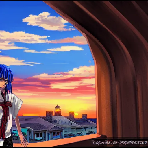 Image similar to anime digital art view from castle balcony sunset