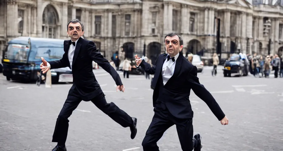 Image similar to mr bean as james bond running down the street in london, 4 0 mm f / 2. 8, cinematic, cool, anamorphic, dramatic