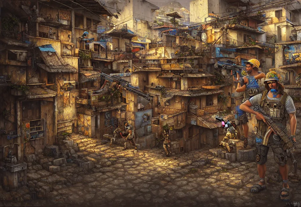 Image similar to photorealistic favela rio with precise rendered guns with intricate details of gun, happy atmosphere close view by Justin Gerard