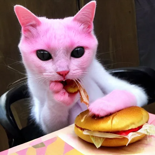 Image similar to photo of a pink cat with pink fur, eating a hamburger, biting a hamburger-C 12