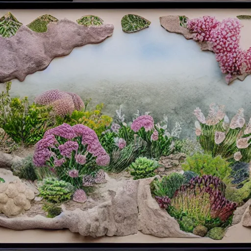 Prompt: delicate coastline mountain garden on paper, stony, puffy, botanical herbarium, botanic watercolors, iridescent, 8 k wide angle, realistic shaded, fine details, artstation, italian, rainbow, colonnade, oak, pinecone, pomegranade, hydrangea, vines, gardena architecture, pompeian, sicilian