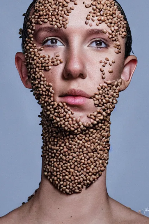 Image similar to millie bobby brown made out of beans, portrait photography