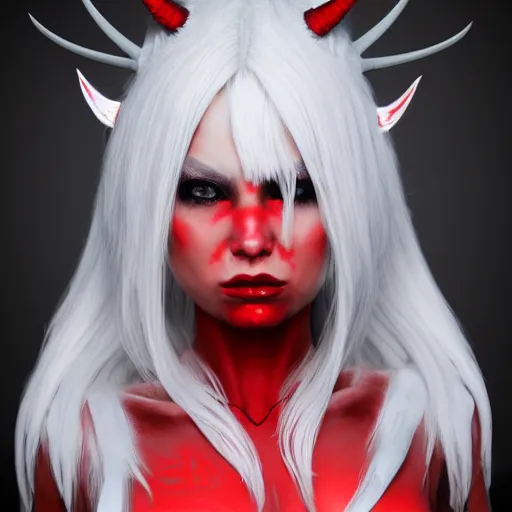 Image similar to a highly detailed portrait of a humanoid demon girl with white hair, red horns, in white clothes, artstation, deviantart, professional, unreal engine 5, photorealistic