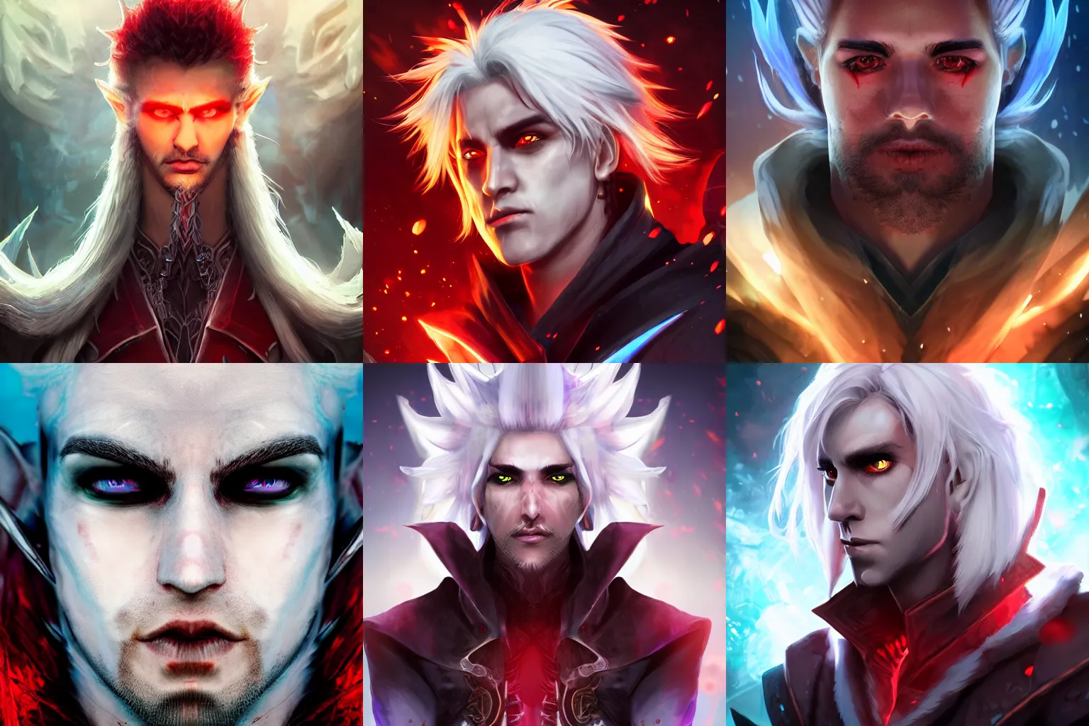 Prompt: a necromancer character, symmetrical male face game portrait, long white hair, spiky elf ears, ultra HD, ambient light background with particles, rim light on character, toned colours, red clothes, light skin, real life league of legends style, Super detailed
