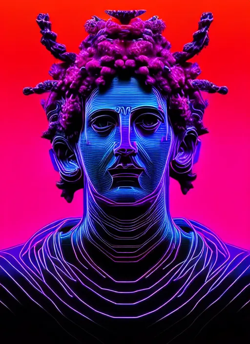 Image similar to statue of dionysus, beeple, android jones, ( ( ( ( ( dan mumford ) ) ) ) ), vaporwave, retrowave, black background, neon wiring, lines, black, glitch, strong contrast, cuts, pinterest, trending on artstation