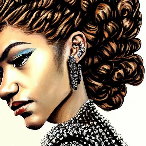 Image similar to painted portrait of zendaya wearing baroque clothing, profile view, extremely detailed, anatomically correct, hd, 8k, high quality, high res