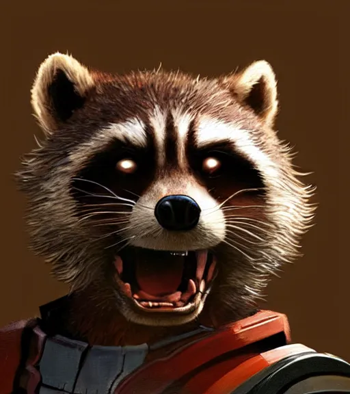 Prompt: a closeup portrait of Rocket Raccoon by Craig Mullins; extraordinary-masterpiece; realistic-lighting; anatomically-correct; 90mm; f/1.4