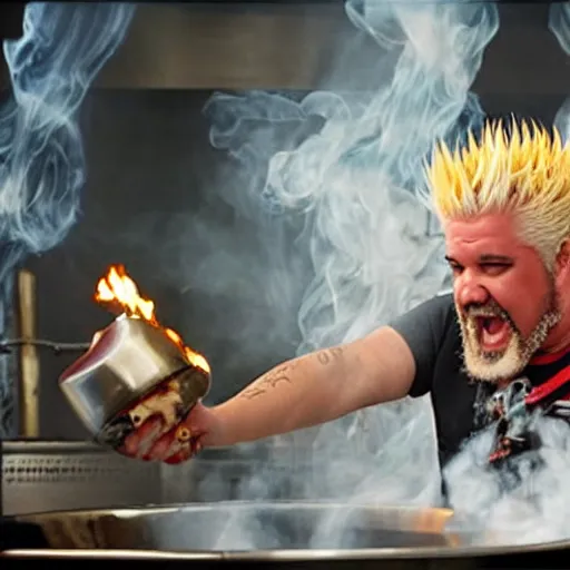 Image similar to guy fieri with tentacles and blade like hair and sharp teeth, in a restaurant kitchen with fire and boiling oil, film still from the movie directed by denis villeneuve with art direction by salvador dali