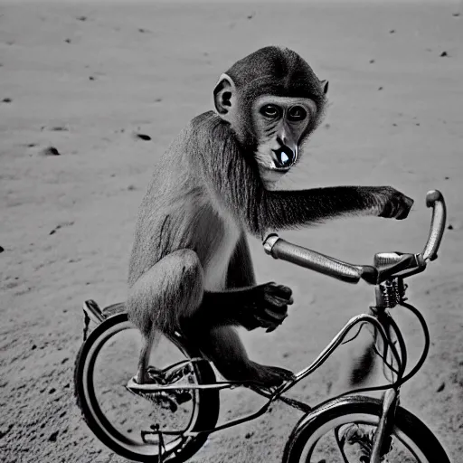 Prompt: monkey on a bicycle wearing a spacesuit on the moon