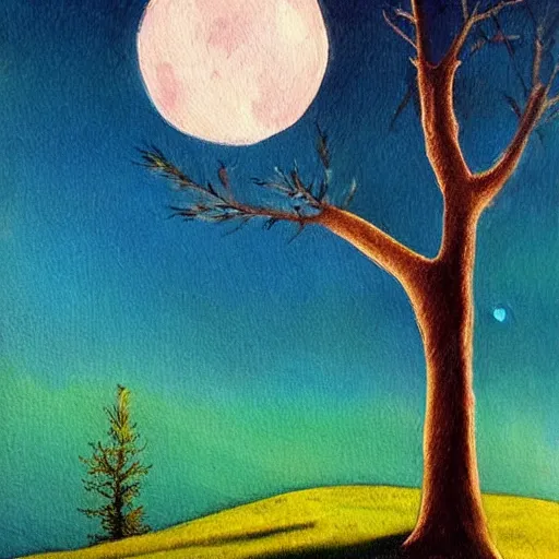 Prompt: This painting has such a feeling of peace and serenity. The tree is so still and calm, despite the wind blowing around it. The moonlight casts a soft glow over everything and the starts seem to be winking at you... in the style of the Little Prince