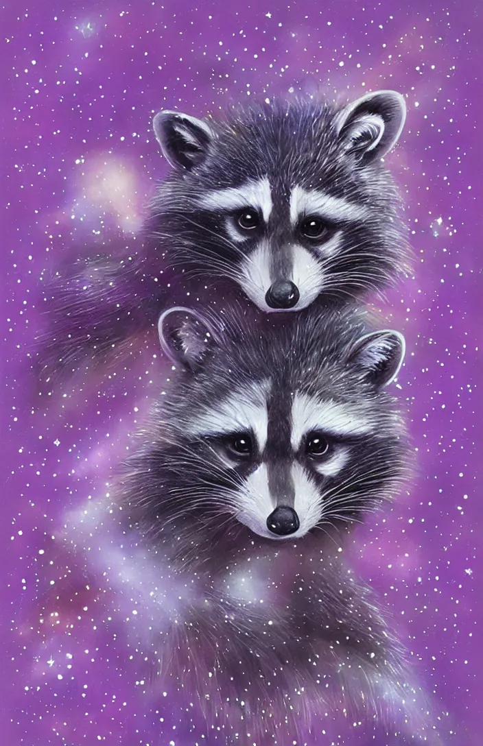 Image similar to purple raccoon in the stars in the style of Anna Dittman
