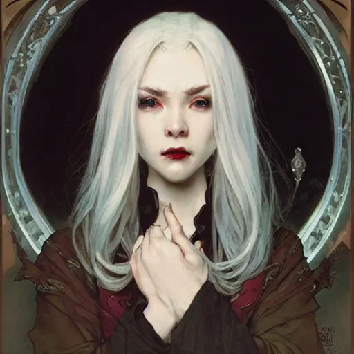 Prompt: portrait of a menacing vampire by Stanley Artgerm Lau , greg rutkowski, thomas kindkade, alphonse mucha, loish, norman rockwell, J. C. Leyendecker. bright white hair, pale skin, angry complexion, detailed eyes, clean face. D&D, fantasy. Trending on artstation rule of thirds extremely detailed illustration hd 4k