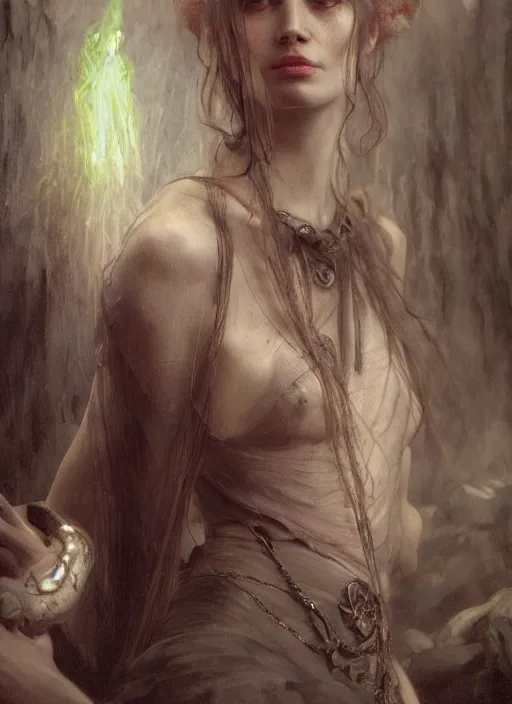 Image similar to inside covens den, diffuse lighting, fantasy epic, hdrp smoke, intricate facial detailing, highly detailed, lifelike, photorealistic, digital painting, artstation, unreal 5, concept art, smooth, sharp focus, art by john collier and albert aublet and krenz cushart and artem demura and alphonse mucha